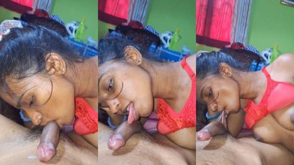Village Slim Girl in Red Bra Sucking Lover Cock - Desi Blowjob Sex