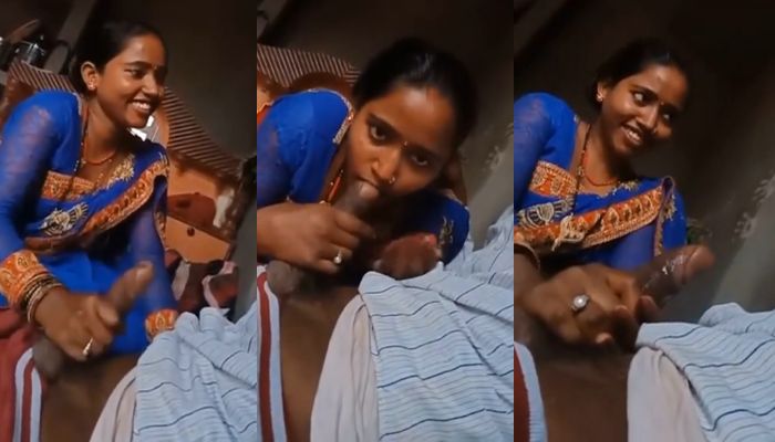 Tharki Village bhabhi in Blue Saree Sucking Devarji's Big Cock