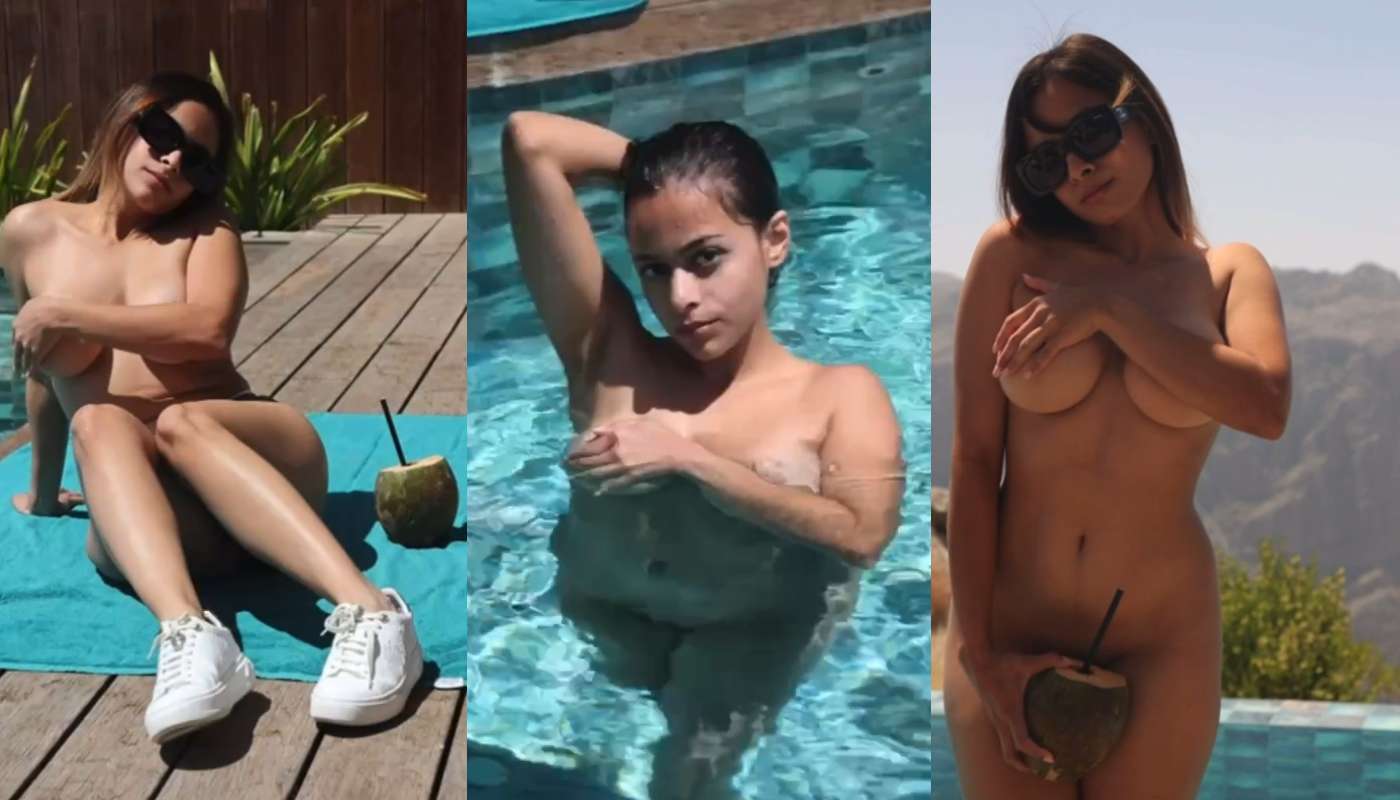 Hot Model Ashwitha Nude Drink Coconut Water Side and Teasing Her Boobs in Pool